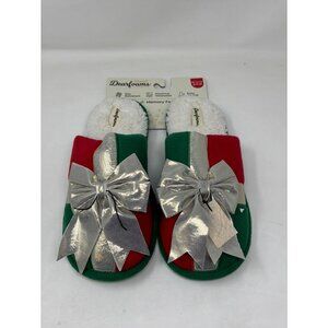 Dearfoams Womens Holiday Slippers W 11-12 / M 9-10 Red & Green With Silver Bow M